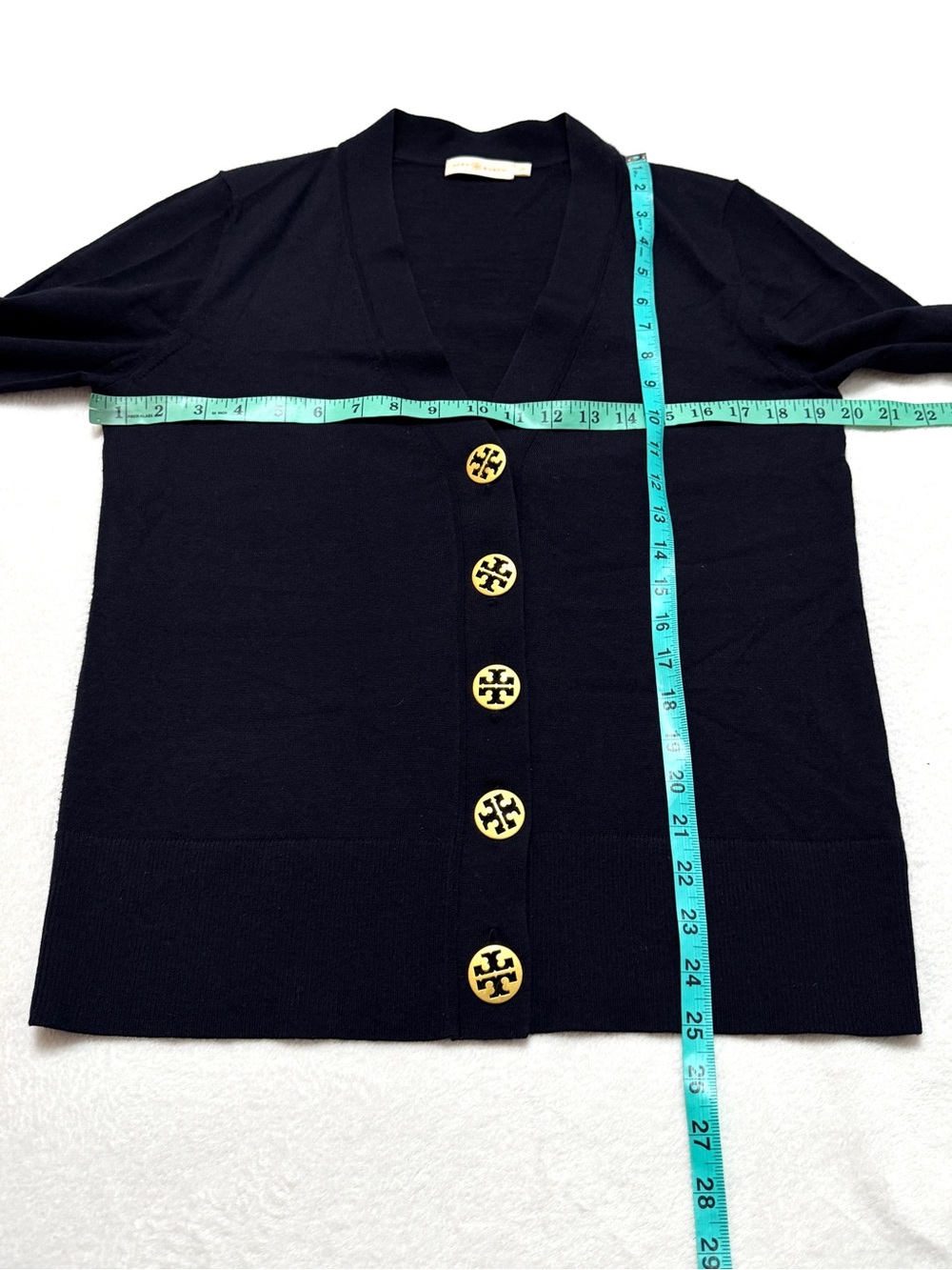 Tory Burch sz L Cardigan Sweater Merino Wool Gold Logo Buttons Dark Navy Blue - Picture 7 of 8